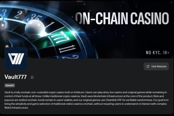 A promotional graphic for 'Vault777', an on-chain casino described as 'NO KYC. 18+', featuring roulette imagery and tagged under GameFi.
