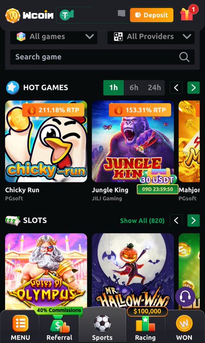 A mobile gaming app interface called 'Wcoin' showing hot games including 'Chicky Run' and 'Jungle King' with RTP percentages displayed.
