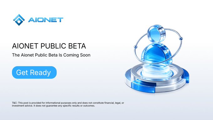 The image is a promotional banner for the "AIONET PUBLIC BETA," featuring the Aionet logo, the tagline "The Aionet Public Beta Is Coming Soon," and a blue "Get Ready" call-to-action button alongside a futuristic 3D graphic of a crystalline sphere with orbiting elements. It visually reinforces the post's teaser about the upcoming beta launch, tying into the announcement that Aionet is built on the Sui Network.