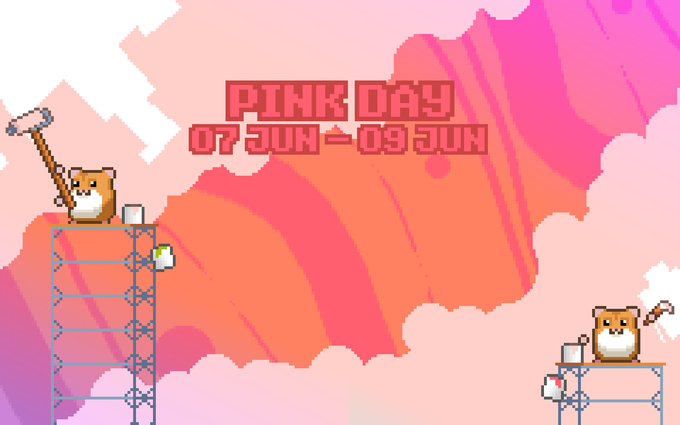 The image features a cartoon scene of two hamsters working together to build a tower using building blocks, with one hamster holding a hammer while the other holds a block. The background shows an orange sky filled with clouds, creating a whimsical atmosphere for the scene. In the foreground, there is text that reads "Pink Day" and "07 Jun - 09 Jun", indicating that this image was taken on a specific date to celebrate Pink Day. Additionally, there are two small cartoon hamsters in the bottom right corner of the image, possibly representing the hamsters from the post.