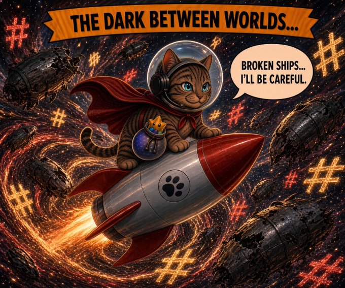 A stylized image titled 'THE DARK BETWEEN WORLDS...' featuring a cat wearing a space helmet and red cape riding a rocket, accompanied by a speech bubble reading 'BROKEN SHIPS... I'LL BE CAREFUL.', set against a backdrop of cosmic debris and hashtag symbols.