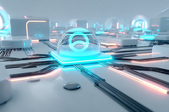 A futuristic 3D render features a glowing cyan dome containing an 'e' logo, connected by circuit-like pathways with pink and blue neon lights on a white surface.