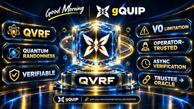 A promotional graphic for Quip Network (gQUIP) showcasing their Quantum Verifiable Random Function (QVRF) service, featuring a central glowing cube with the Quip logo surrounded by feature badges highlighting "Quantum Randomness," "Verifiable," "V0 Limitation," "Operator-Trusted," "Async Verification," and "Trustee Oracle." The image visually reinforces the post's commentary on Quip Network's transparent QVRF documentation, emphasizing the platform's quantum-based randomness and verification capabilities.