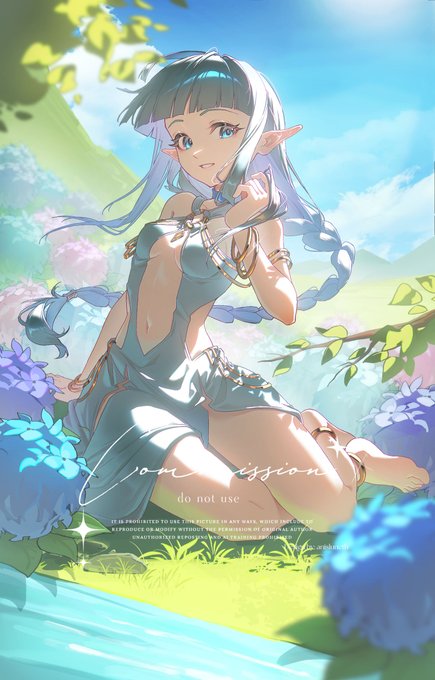 An anime-style illustration depicts a blue-haired elf girl with pointed ears kneeling in a lush garden with hydrangeas, with watermark text reading "Commission do not use" and a disclaimer about prohibited reproduction.

The image relates to the "cms" (commission) post as it appears to be sample artwork showcasing the artist's available commission services, with the "do not use" watermark indicating it's a portfolio preview rather than a deliverable piece.