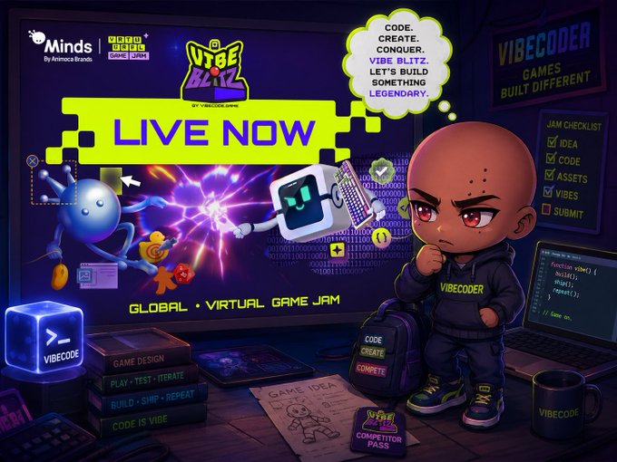 A vibrant promotional graphic for a "VIBE BLITZ" virtual game jam, featuring a cartoon character in a "VIBECODER" hoodie, a character with a robot head, and text including "LIVE NOW", "GLOBAL . VIRTUAL GAME JAM", and "CODE. CREATE. CONQUER."