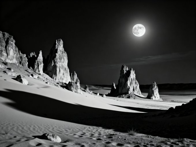 A black and white photograph of a dramatic desert landscape featuring jagged rock formations rising from smooth sand dunes, with a full moon glowing brightly in the night sky. The moonlit scene casts long shadows across the rippled sand.