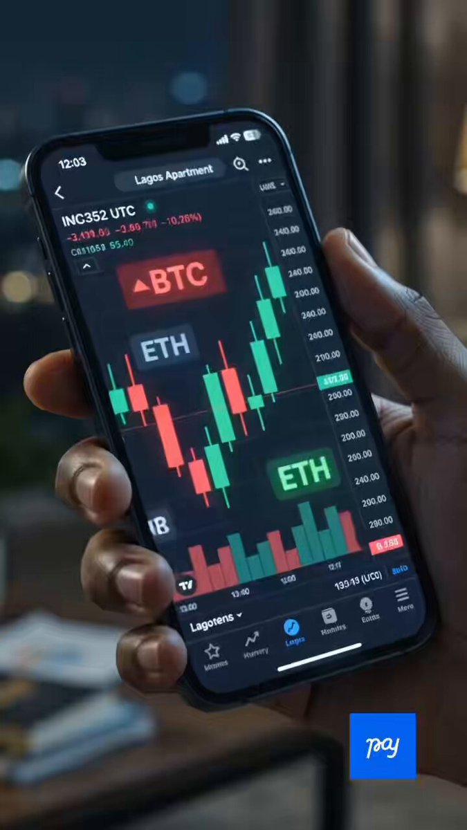In the image, there is a person holding up an iPhone with the screen open, displaying a cryptocurrency market app and several bars representing different cryptocurrencies. The person's hand is visible from above as they use their thumb over the bottom of the phone, clearly showing engagement in using the app. The primary focus of this image appears to be the process of paying for goods or services in cryptocurrency.