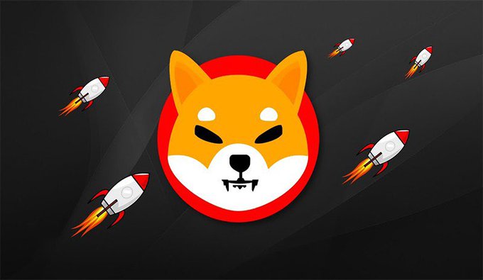 A graphic of the Shiba Inu dog logo surrounded by rocket ships on a black background, symbolizing upward movement.
