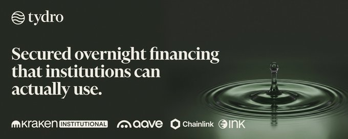 An advertisement for Tydro with text "Secured overnight financing that institutions can actually use," featuring logos of partners including Kraken Institutional, Oove, Chainlink, and INK, alongside a water droplet splash.