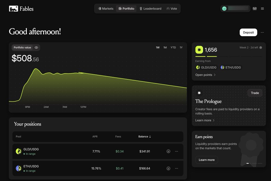 The Fables crypto dashboard displays a portfolio value of $508.56, with positions in GLD/USDG (7.71% APR) and ETH/USDG (15.76% APR) pools.