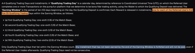 A legal text snippet defining 'Qualifying Trading Days' and 'Earning Window' as part of a Bona fide trading activity bonus structure on the Pump.fun platform, with portions highlighted.