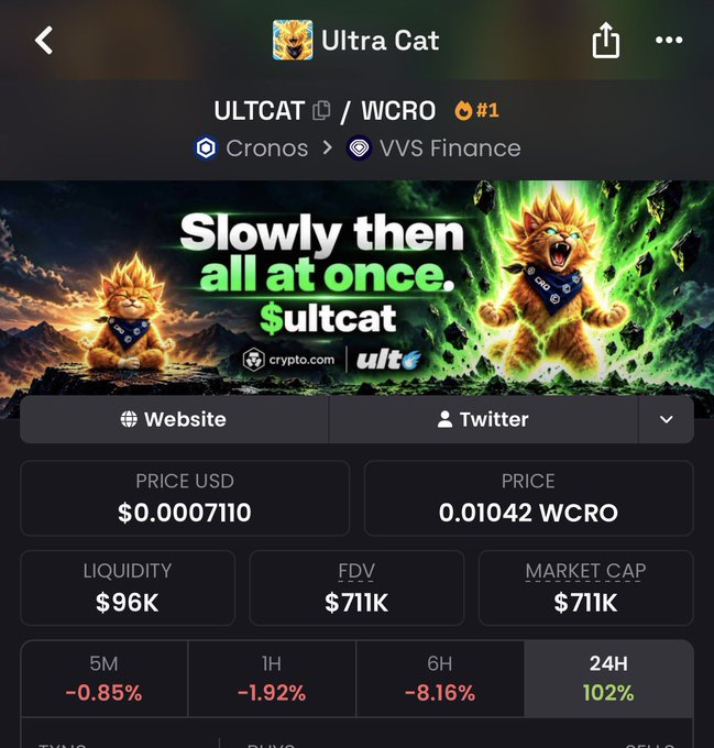 A cryptocurrency tracking page for 'Ultra Cat' (ULTCAT / WCRO) on the Cronos network via VVS Finance, showing a price of $0.0007110 USD, with a 102% increase in the last 24 hours.