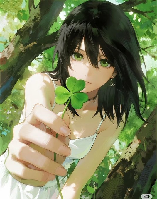 An anime-style illustration of a dark-haired girl with green eyes holding out a four-leaf clover against a backdrop of green foliage.