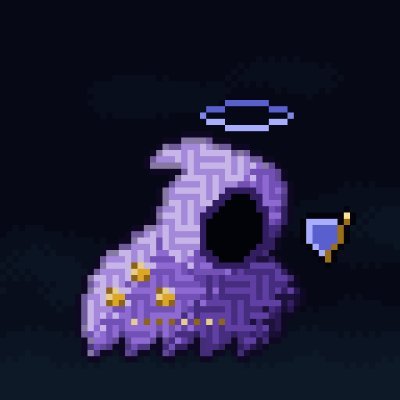 A pixel art illustration of a small purple ghost-like creature with yellow eyes, wearing a blue halo, floating against a dark background.