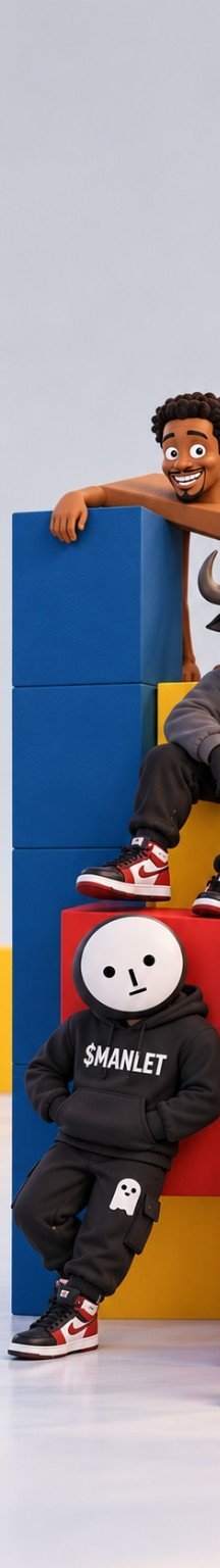 Toy figure of a basketball player in a Bulls jersey sitting on colorful blocks next to a smaller figure wearing a black hoodie with '$MANLET' printed on it.