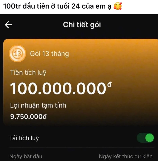 A mobile app screen in Vietnamese shows a savings plan ('Gói 13 tháng') with accumulated funds of '100.000.000đ' and an estimated profit of '9.750.000đ', captioned '100tr đầu tiên ở tuổi 24 của em ạ'.
