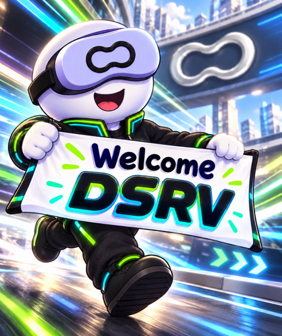 An illustrated DSRV mascot character wearing a VR headset and futuristic suit, holding a 'Welcome DSRV' banner against a cyberpunk cityscape background.