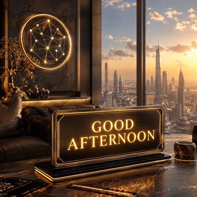A glamorous, golden-hued interior scene featuring a glowing 'GOOD AFTERNOON' sign, a constellation wall art piece, and a sweeping city skyline view at sunset through a window.