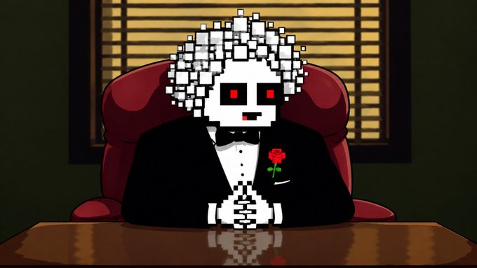 A pixel art animation of a tuxedo-wearing skeleton with a red rose on its lapel, sitting at a desk in front of window blinds.