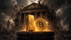 A dramatic digital rendering of a gold bar and glowing Bitcoin coin positioned atop a classical Greek-style temple surrounded by a stormy sky.