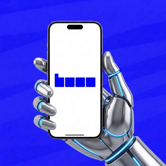 A metallic robotic hand holding up a smartphone displaying a blue loading bar logo against a blue background.