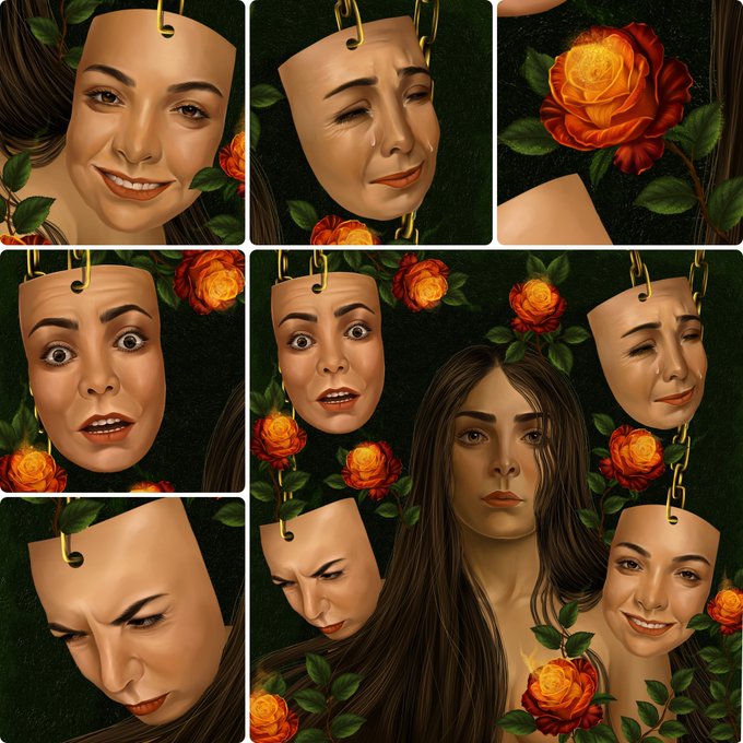 A multi-panel digital artwork displays a woman surrounded by orange roses, with several of the panels showing her face transformed into detached, hanging masks expressing various emotions like crying, surprise, and anger.