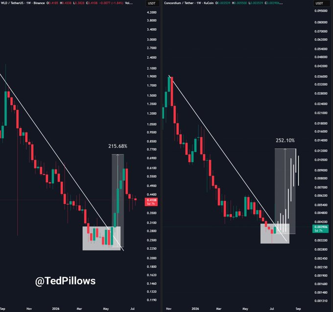 This image displays two cryptocurrency price charts showing significant increases: Worldcoin (WLD) up 215.68% and Concordium up 252.10%. The charts illustrate substantial gains in these digital assets, directly supporting the post's narrative about the importance and attention on digital identity in crypto.