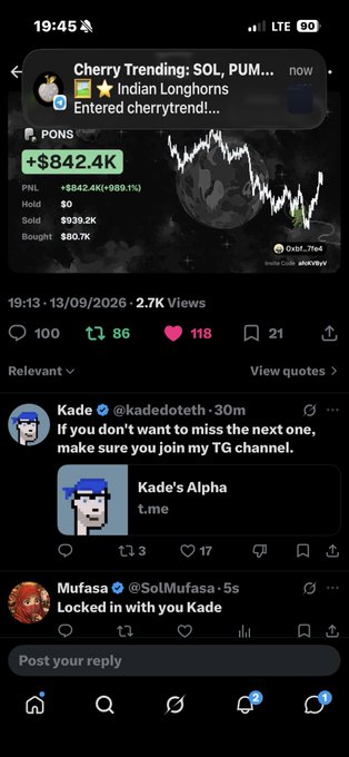 A mobile app screen displays a post titled 'Cherry Trending: SOL, PUM...' showing a price chart and statistics of +$842.4K (+89.1%) for the PONS token, with replies from users 'Kade' and 'Mufasa' below.