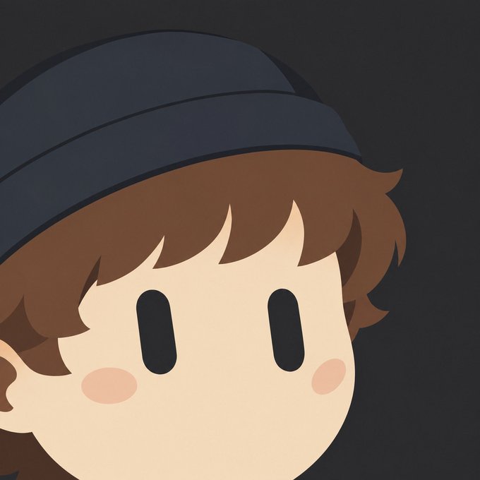 A close-up cartoon illustration of a character with brown hair, rosy cheeks, large black eyes, and a dark blue beanie against a dark background.