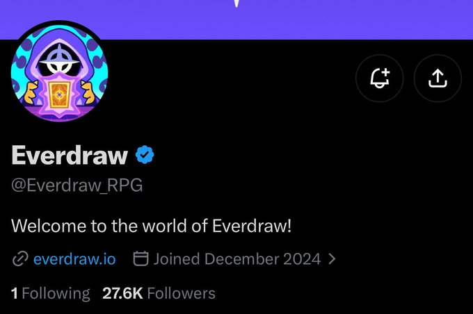 A Twitter/X profile page for "Everdraw" (@Everdraw_RPG) showing 27.6K followers, with the tagline "Welcome to the world of Everdraw!" and a link to everdraw.io.