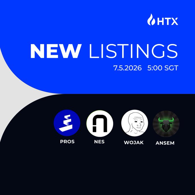 The image is an HTX exchange announcement showcasing new crypto listings scheduled for 7.5.2026 at 5:00 SGT, featuring four tokens: PROS, NES, WOJAK, and ANSEM, which directly corresponds to the accompanying post asking followers which of the newly listed coins they're watching.