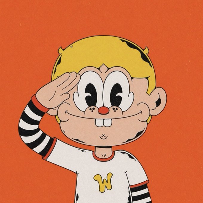 A cartoon character with blonde hair giving a salute, wearing a white shirt with a yellow "W" logo and black-and-white striped sleeves, set against an orange background. The image complements the post's sentiment about valuing quality art and world-building over sheer size, using the whimsical, artistic character design as a visual metaphor for the charm of simple, well-crafted projects in the NFT space.