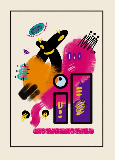 A vibrant, abstract illustration featuring colorful brushstrokes in pink, orange, and purple, along with playful shapes and a smiling face.