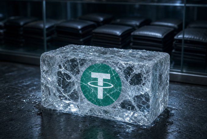 The image depicts a rectangular block of cracked ice encasing a circular green Tether (USDT) logo, resting on a wet dark surface with black cushioned seating in the background—symbolizing the freezing of Tether assets. The caption should highlight that this visual represents Tether's role in freezing USDT linked to Iran.
