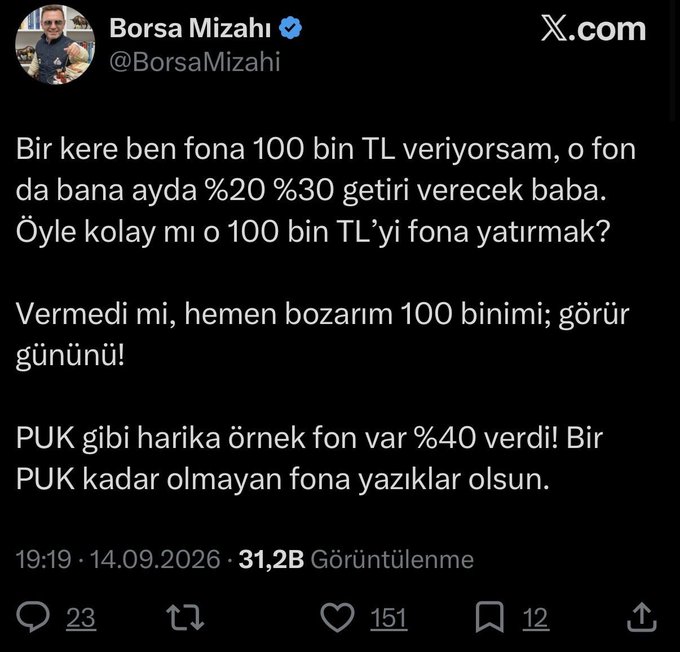 A Turkish tweet from Borsa Mizahi (@BorsaMizahi) complaining that funds not matching a 40% return like PUK deserve to be cursed, threatening to withdraw 100,000 TL if monthly returns aren't 20-30%.