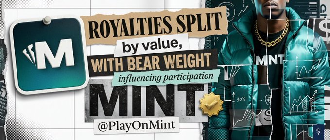 A promotional banner for "PlayOnMint" featuring the text "ROYALTIES SPLIT by value, WITH BEAR WEIGHT influencing participation" and a person in a teal puffer jacket.