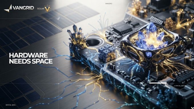 A promotional graphic for 'VANGRID SOLAR' showing a digital artwork of crystals on a circuit board with the text 'HARDWARE NEEDS SPACE'.