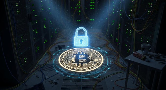 A digital illustration of a glowing Bitcoin coin with a blue padlock floating above it, set against a dark server room background with green lights.