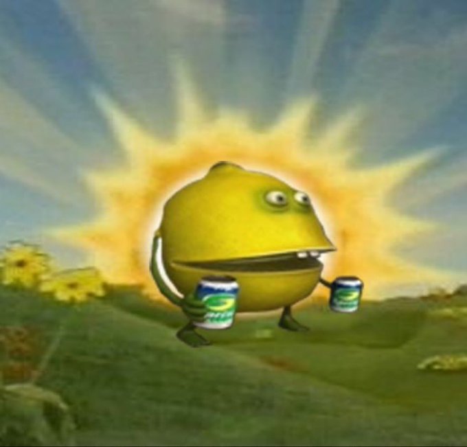 A cartoonish green pear-shaped character stands in a grassy field holding two Sprite cans, with a bright sunburst shining behind it.