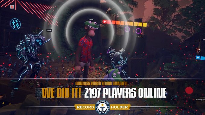 A gaming achievement screenshot declaring 'GUINNESS WORLD RECORD SMASHED! WE DID IT! 2197 PLAYERS ONLINE' with a 'RECORD HOLDER' Guinness badge, showing a crowd of players in a colorful virtual environment.