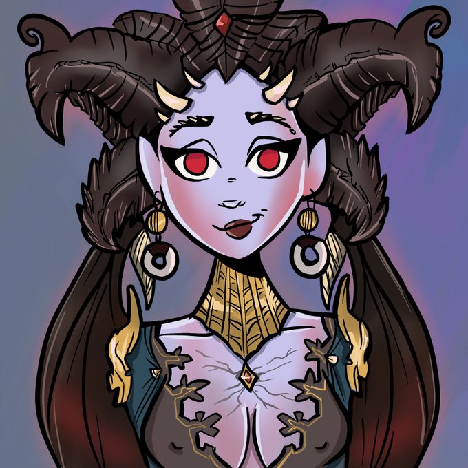 A digital illustration of a fantasy character with pale purple skin, red eyes, large black curled horns, gold jewelry, and an ornate dark dress with gold accents, set against a purple background.