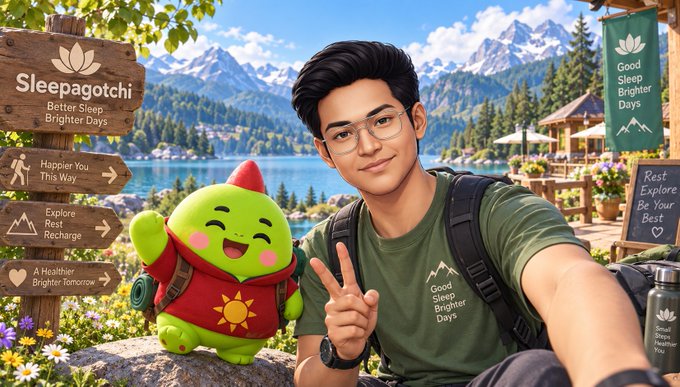 A promotional image for 'Sleepagotchi' featuring a young man in a green t-shirt making a peace sign next to a green mascot character with a sun symbol on its belly, set in a scenic mountain landscape.