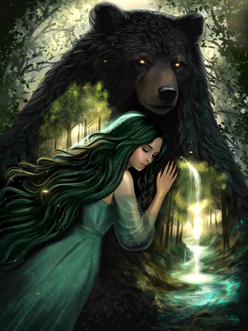 A digital fantasy illustration depicts a green-haired woman in a teal dress resting peacefully against a massive black bear with glowing amber eyes in a mystical forest setting with a small waterfall.