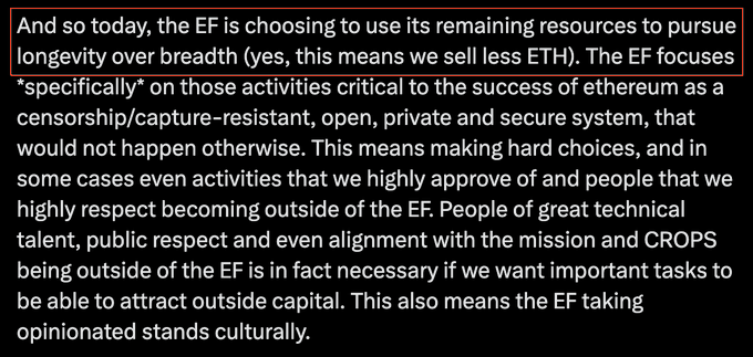 An orange banner with black text reads "And so today, the EF is choosing to use its remaining resources to pursue 'ongrowth overbreadth' (EF1), which means we sell less than 'EFT1'. The EF focuses on those activities that are critical to the success of etherium as a currency.