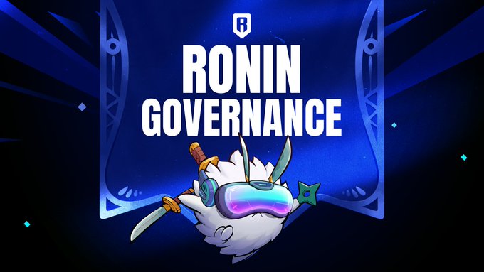 The image features a promotional graphic with a dark blue starry background, displaying the text "RONIN GOVERNANCE" beneath a shield logo, alongside an illustration of Axie Infinity's mascot axie wearing VR goggles. It visually reinforces the post's message about RON holders having voting power to shape key ecosystem features like PoD, Honor Score, and treasury decisions.