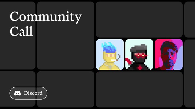 A dark-themed interface displays 'Community Call' alongside a Discord button, featuring three pixel art character avatars including one with blue hair.