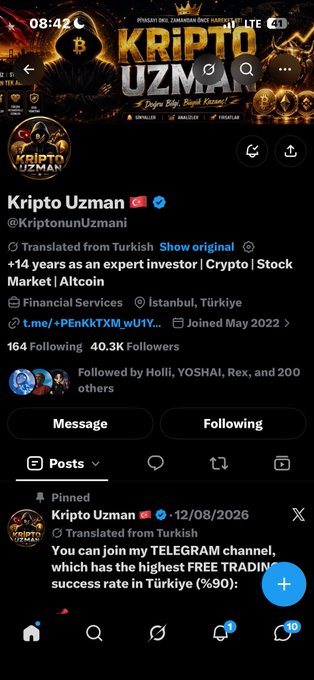 A mobile screenshot of a Twitter/X profile for 'Kripto Uzman' (@KriptonunUzmani), described as an expert investor for Crypto, Stock Market, and Altcoin, with 40.3K followers.
