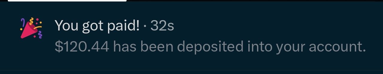 A notification from a digital payment platform confirms "$120.44 has been deposited into your account" with a celebration emoji and the message "You got paid! · 32s," representing the user's third and final payout from a Web3 Revenue Sharing Programme.