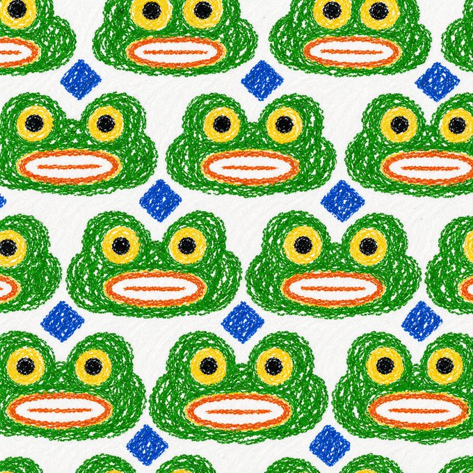 A repeating pattern of hand-drawn, crayon-style frog or monkey faces in green with yellow and black eyes and orange lips, separated by blue diamond shapes.