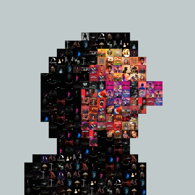 A silhouette of a person's head and shoulders composed of numerous small album cover images, primarily featuring dark themes, Lil Uzi Vert artwork, and various red and colorful album art.